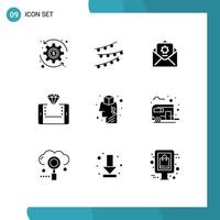 Set of 9 Commercial Solid Glyphs pack for brain shopping donation shop mobile Editable Vector Design Elements