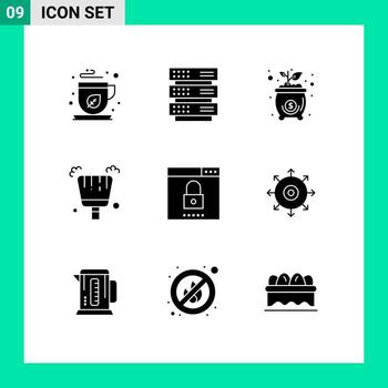 9 9 sólido glifo concepto para sitios web móvil y aplicaciones mejoramiento motor bolso barrer Escoba editable vector diseño elementos