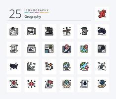Geo Graphy 25 Line Filled icon pack including travel. navigation. book. appartment. city vector