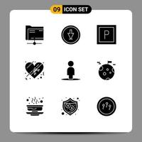 Pack of 9 Modern Solid Glyphs Signs and Symbols for Web Print Media such as planet people pointer avatar present Editable Vector Design Elements