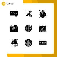 Pack of 9 Modern Solid Glyphs Signs and Symbols for Web Print Media such as travel arrow watch photography media Editable Vector Design Elements