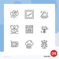 Set of 9 Vector Outlines on Grid for web security protected browser india page lock medical Editable Vector Design Elements