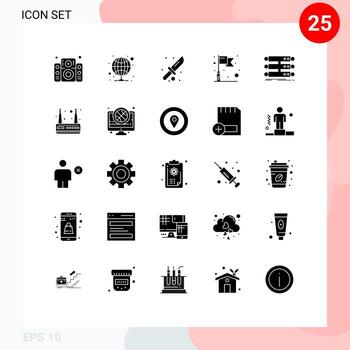 25 universal sólido glifos conjunto para web y móvil aplicaciones estante servidor cámping objetivo bandera editable vector diseño elementos