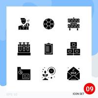 Mobile Interface Solid Glyph Set of 9 Pictograms of test lab football working area caution Editable Vector Design Elements