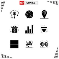 9 User Interface Solid Glyph Pack of modern Signs and Symbols of graph analytics gear gift box Editable Vector Design Elements