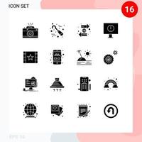 Mobile Interface Solid Glyph Set of 16 Pictograms of multimedia error tools computer finance Editable Vector Design Elements