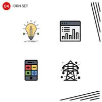 Mobile Interface Filledline Flat Color Set of 4 Pictograms of bulb monitoring light analytics math Editable Vector Design Elements