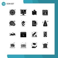 Modern Set of 16 Solid Glyphs Pictograph of business page map optimization pointer Editable Vector Design Elements