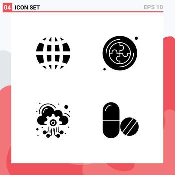 pictograma conjunto de 4 4 sencillo sólido glifos de tierra hospedaje servidor Internet rompecabezas fármaco editable vector diseño elementos