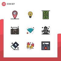 Pack of 9 Modern Filledline Flat Colors Signs and Symbols for Web Print Media such as wifi vacation atm travel suitcase Editable Vector Design Elements