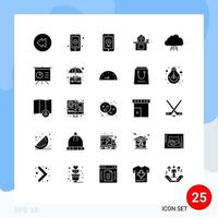 Set of 25 Vector Solid Glyphs on Grid for cloud personal internet person computer Editable Vector Design Elements