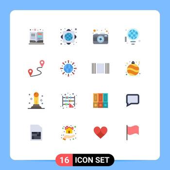 16 User Interface Flat Color Pack of modern Signs and Symbols of route location photography idea world Editable Pack of Creative Vector Design Elements