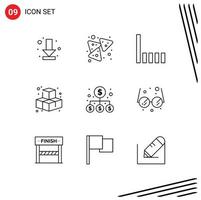 Editable Vector Line Pack of 9 Simple Outlines of money business connection money game Editable Vector Design Elements