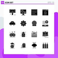 Mobile Interface Solid Glyph Set of 16 Pictograms of security optimization gear media website Editable Vector Design Elements