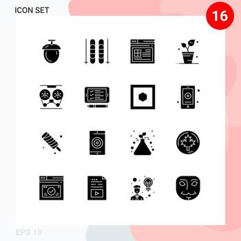 Set of 16 Vector Solid Glyphs on Grid for recorder player web audio spring Editable Vector Design Elements