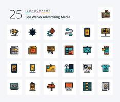 seo web y publicidad medios de comunicación 25 línea lleno icono paquete incluso móvil. articulación. Temporizador. cable. reloj vector