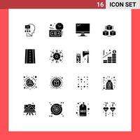 Editable Vector Line Pack of 16 Simple Solid Glyphs of road shepping monitor computing box Editable Vector Design Elements