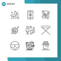 User Interface Pack of 9 Basic Outlines of people job contract interview security Editable Vector Design Elements