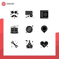 Group of 9 Modern Solid Glyphs Set for view draw bank computer file Editable Vector Design Elements