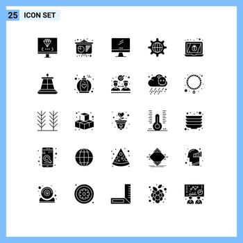 Modern Set of 25 Solid Glyphs and symbols such as encryption globe computer world pc Editable Vector Design Elements