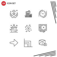 Set of 9 Modern UI Icons Symbols Signs for fireworks office tower marketing watch Editable Vector Design Elements