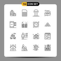 Pictogram Set of 16 Simple Outlines of code game sim card cubes column Editable Vector Design Elements