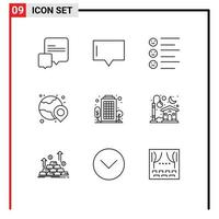 Mobile Interface Outline Set of 9 Pictograms of living area city text building location Editable Vector Design Elements