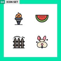 Set of 4 Vector Filledline Flat Colors on Grid for flame fence holding watermelon bynny Editable Vector Design Elements