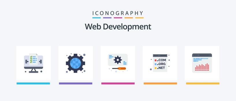 Web Development Flat 5 Icon Pack Including chart. development. development. com. browser. Creative Icons Design vector