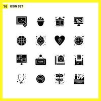 Solid Glyph Pack of 16 Universal Symbols of fire internet box globe security Editable Vector Design Elements
