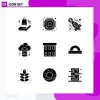 9 Universal Solid Glyphs Set for Web and Mobile Applications office business rocket buildings hosting network Editable Vector Design Elements