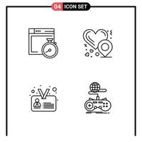 Mobile Interface Line Set of 4 Pictograms of file identity computing love location game Editable Vector Design Elements