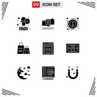 User Interface Pack of 9 Basic Solid Glyphs of web advancement shopping ad details purse advertising Editable Vector Design Elements