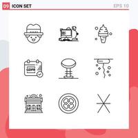 Modern Set of 9 Outlines Pictograph of furniture calendar beach security summer Editable Vector Design Elements