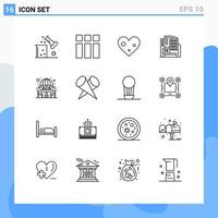 Group of 16 Outlines Signs and Symbols for drinking construction layout building favorite Editable Vector Design Elements