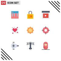 9 User Interface Flat Color Pack of modern Signs and Symbols of sun heart communication love vide Editable Vector Design Elements