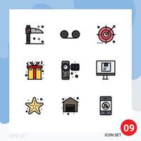 Editable Vector Line Pack of 9 Simple Filledline Flat Colors of video camera camera media camcorder christmas Editable Vector Design Elements