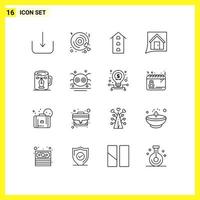 Mobile Interface Outline Set of 16 Pictograms of coffee convo house conversation contact Editable Vector Design Elements