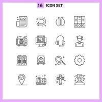 Pack of 16 Modern Outlines Signs and Symbols for Web Print Media such as world web road documents archive Editable Vector Design Elements