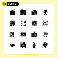 Group of 16 Modern Solid Glyphs Set for bread pin error location photo Editable Vector Design Elements