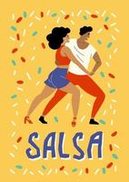 latín muchachas danza salsa y bachata hermosamente. bailarines moverse a el música. póster para un danza festival y competencia. samba, mambo y merengue vector