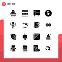 Editable Vector Line Pack of 16 Simple Solid Glyphs of foreign exchange travel franc house Editable Vector Design Elements