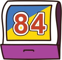 cajita de cerillas gráfico con partido palos amarillo azul y púrpura partido caja con número 84 tipografía. vector