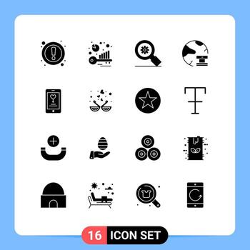 Set of 16 Vector Solid Glyphs on Grid for app network research database cloud Editable Vector Design Elements