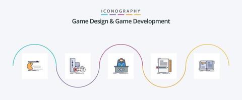 Game Design And Game Development Line Filled Flat 5 Icon Pack Including file. code. play. ceo. legend vector