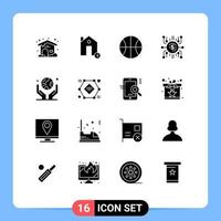 Mobile Interface Solid Glyph Set of 16 Pictograms of globe in hand funding basic crowdselling crowdfunding Editable Vector Design Elements