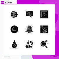 9 Thematic Vector Solid Glyphs and Editable Symbols of basic camera information gallery money Editable Vector Design Elements