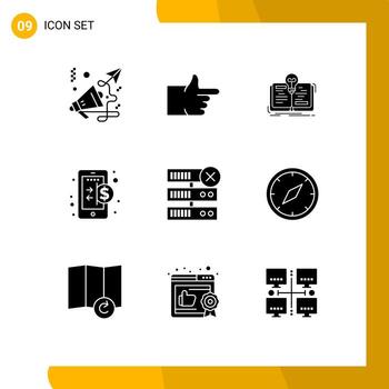 móvil interfaz sólido glifo conjunto de 9 9 pictogramas de servidor base de datos idea Internet economía editable vector diseño elementos
