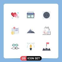 Universal Icon Symbols Group of 9 Modern Flat Colors of hill mountain media security map Editable Vector Design Elements