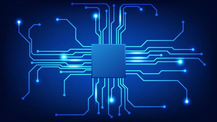 Hi tech digital circuit board. AI pad and electrical lines connected on blue lighting background. futuristic technology design element concept
